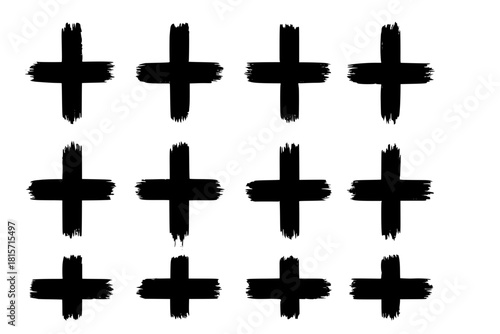 A collection of plus signs in grunge style. 8 highly detailed and different crosses. High quality manually traced. Plus black isolated on white background, vector illustration.