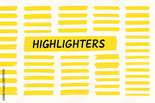 Highlighter collection, brush lines, isolated in white background. Marker yellow set, brush pen hand drawn underline. Vector highlighter graphic stylish element. Watercolor hand drawn highlight set.
