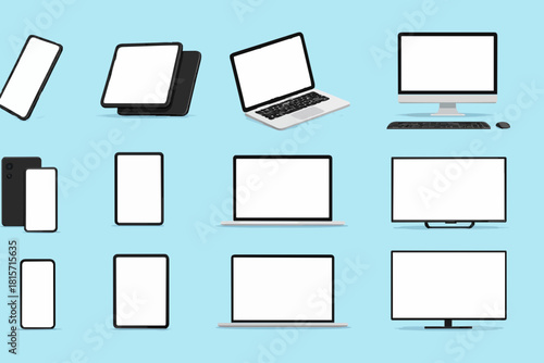 Great minimalistic 3d device set. Mockups at different angles. Smartphone, tablet, laptop, pc and TV. Vector collection Mockups generic device. Template for infographics or presentation. Mockup set