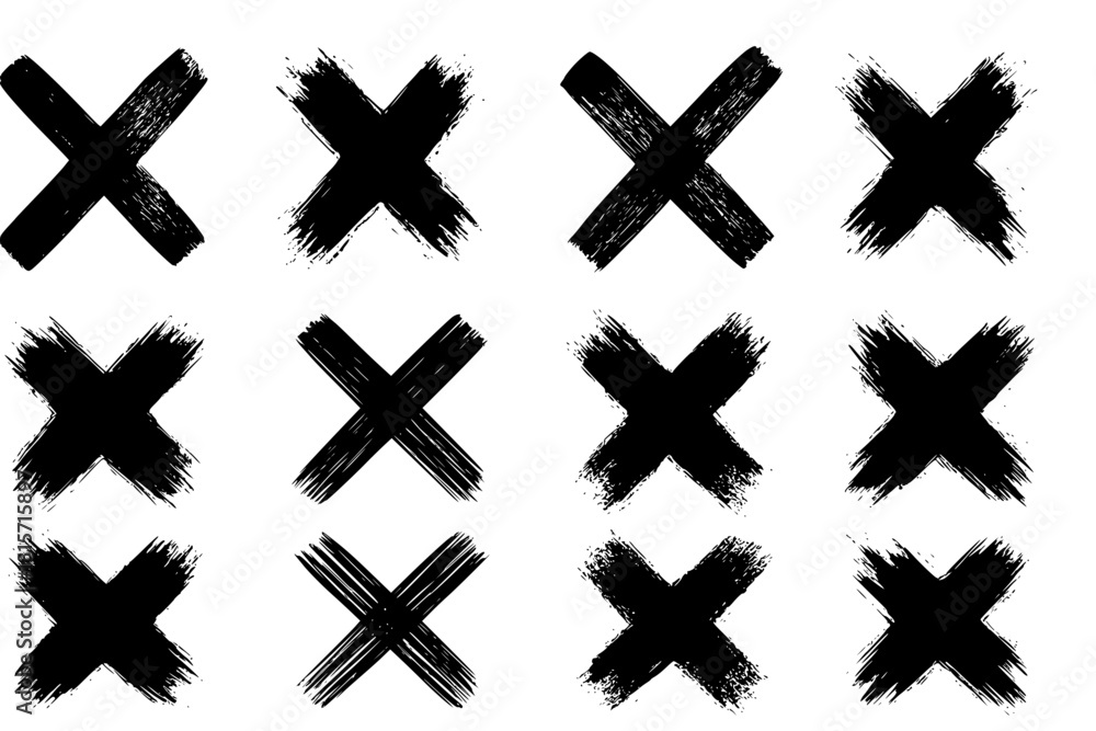 Obraz premium X black mark set in grunge style. Hand drawn crossed brush strokes. Crosshairs symbols in brush style with black ink splashes. Cross sign graphic symbol. Vector X mark set, grunge graphic collection