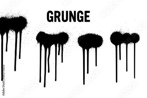 Stencil graffiti spray isolated on white background with black splashes with flowing lines of paint. Street art collection, spray template. Vector illustration