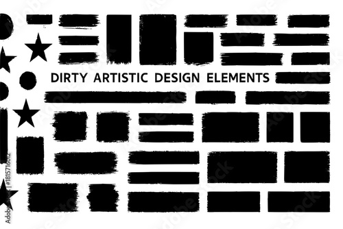 Geometric shapes with a grunge and halftone twist, featuring circles, rectangles, squares, stars with splatter effects and rough edges. Perfect for text callouts, template stickers. Vector graphic