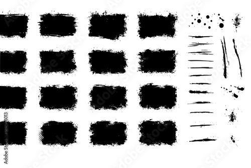 Vector ink splashes stencil. Very detailed collection mockups brush strokes for text and design. Black inked splatter dirt stain splattered spray splash with drops blots. Vector isolated set boxes