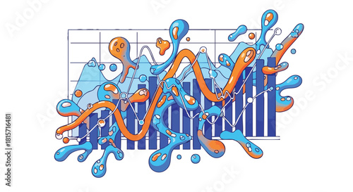 This creative illustration showcases a lively data visualization, featuring a fluctuating line graph and bar charts amidst colorful liquid splatters.