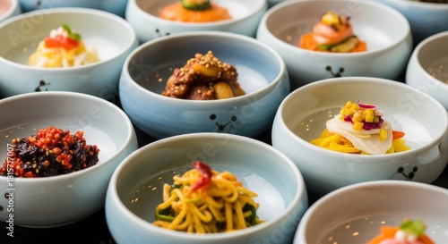 Traditional Korean banchan side dishes served in small white ceramic bowls with cute face designs featuring kimchi pickled vegetables and seasoned bean sprouts