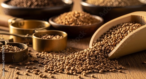 Wooden scoop overflowing with organic coriander seeds alongside traditional brass measuring cups and ceramic bowls filled with various whole spices on rustic wooden table