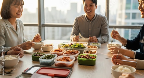Asian coworkers enjoying Korean style lunch with banchan side dishes and rice bowls using chopsticks in modern office conference room with city skyline view