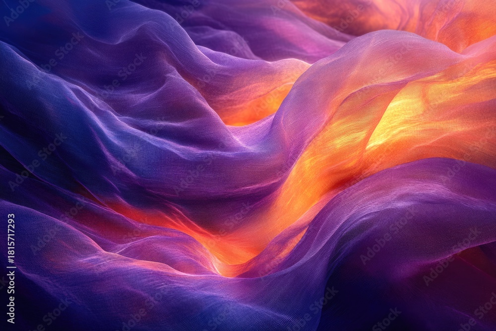 Obraz premium Dynamic flowing translucent fabric in abstract waves, illuminated by glowing orange and deep purple, highlighting its delicate mesh.