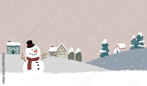 雪が降る北欧風の街並みと雪だるまを描いた冬景色のイラスト