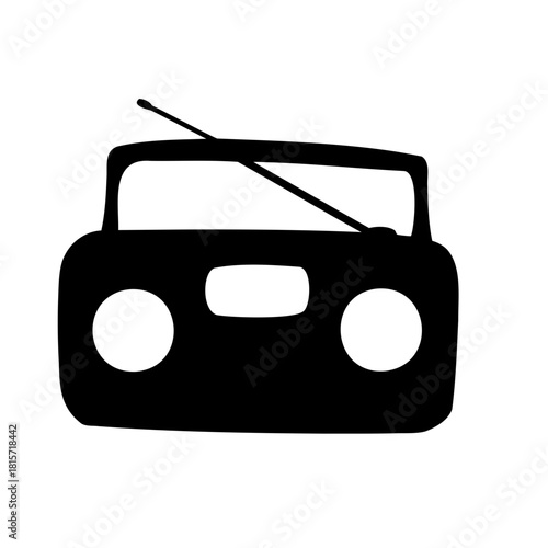 Stylized vintage radio with simple, black silhouette and a retro antenna design
