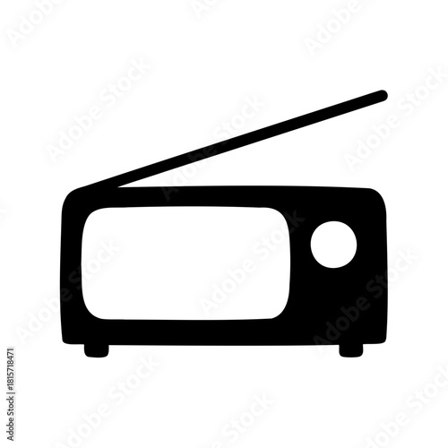 Stylized black and white drawing of an oldfashioned radio receiver device