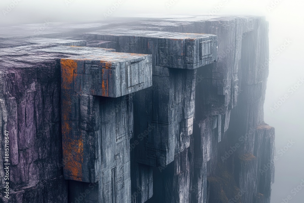 Fototapeta premium Colossal, weathered dark blocks with orange rust accents form a mysterious, brutalist cliff edge shrouded in atmospheric mist, evoking an alien landscape.