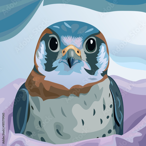 Stylized cartoon falcon illustration, close-up, looking forward
