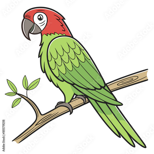 Vibrant cartoon green parrot with red head perched on a branch