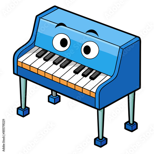 Blue cartoon piano character with a friendly face illustration