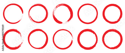 Set of red brush circle. Round line of red paint. Grunge round shapes. Vector illustration isolated on white background. 