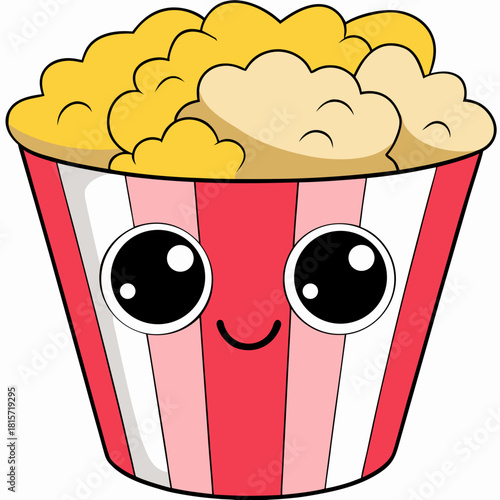 Smiling cartoon popcorn bucket isolated on a white background