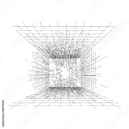 Conceptual geometric wireframe design illustrating a vibrant explosion of data and connectivity within an expansive technological grid.