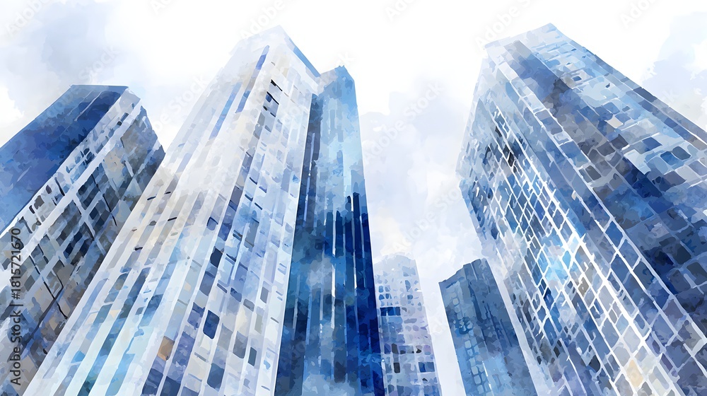 Fototapeta premium Modern skyscrapers dominate the sky viewed from a low angle perspective using a blue watercolor style
