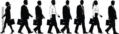 Silhouette, business, professional, walking, posture, gesture, briefcase, suit, skirt, attire, office, corporate, black, white, illustration, concept, figure, workplace, commute, uniformity, diversity