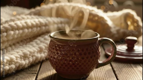 Cozy Valentine's Morning 2026 Heart-Shaped Steam Coffee Mug Knitted Blanket Hygge Aesthetic Intimate Breakfast Love Concept Togetherness Happiness Warm Blanket Gentle Light Seamless Loop Romantic Anim