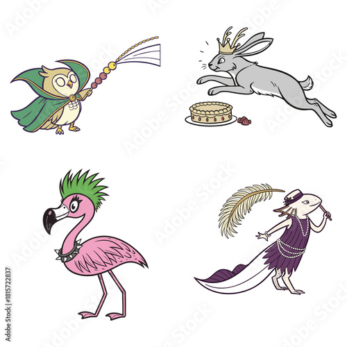 Playful cartoon animals in quirky outfits and poses cape whip