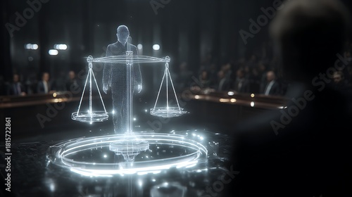 Holographic Judge Holding Scales of Justice in Dark Courtroom with Audience