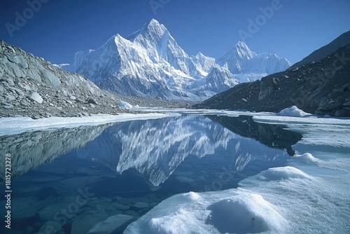 Wallpaper Mural Majestic snow-capped mountains perfectly reflect in a serene, partially frozen glacial lake under a clear blue sky, showcasing stunning natural beauty. Torontodigital.ca