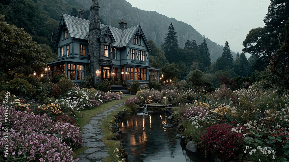 Fototapeta premium Beautiful classic wooden hotel style with big garden in front of the hotel , mountain landscape is behind