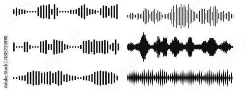 
Podcast sound waves, audio spectrum waveforms, music or voice digital track vector line soundwaves. digital equalizer patterns in a simple black and white line style.  