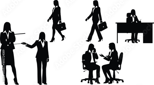 Silhouette, businesswoman, professional, posture, presentation, walking, briefcase, seated, discussion, office, corporate, gesture, black, white, illustration, concept, figure, workplace, attire