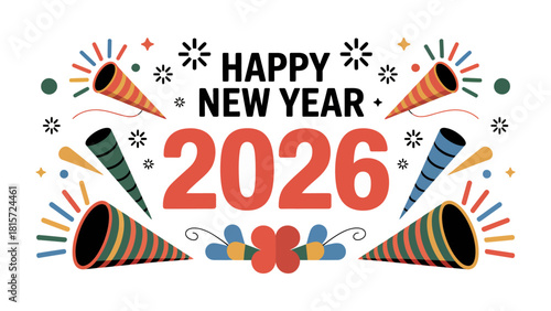 New Year Celebration: A vibrant New Year's greeting card, designed with playful confetti, streamers, and the celebratory year 2026, perfectly encapsulates the joy of a fresh beginning. 