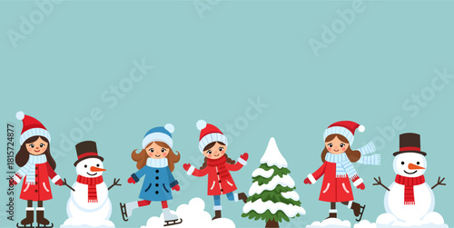 Cute Kids Playing in Snow with Snowmen – Winter Holiday Illustration