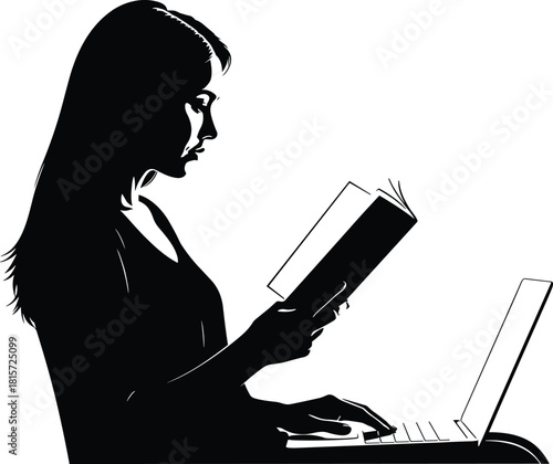 Silhouette, businesswoman, studying, multitasking, laptop, book, seated, posture, gesture, desk, office, professional, black, white, illustration, concept, figure, workplace, learning