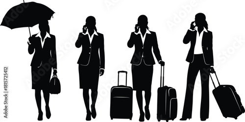 Silhouette, businesswoman, travel, mobile, suitcase, umbrella, gesture, posture, walking, attire, commuter, professional, black, white, illustration, concept, figure