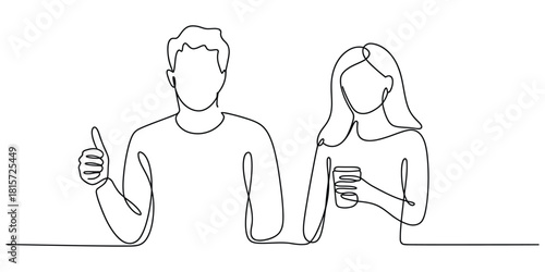 Continuous line drawing of man giving thumbs up and woman with cup