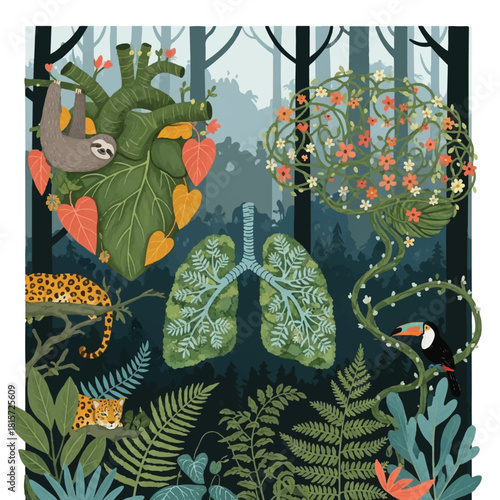 Nature's Symphony A Heart and Lungs Reimagined as Lush Ecosystems in a Vibrant Forest