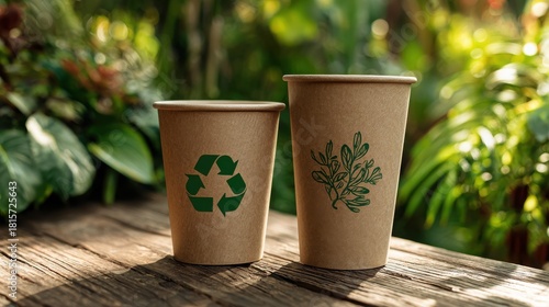 Eco-Friendly Coffee Cups with Green Designs on a Rustic Wooden Table, Surrounded by Lush Indoor Foliage and Natural Light