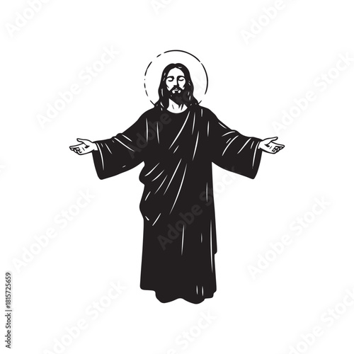 A black and white illustration of Jesus Christ with a halo, standing with his arms outstretched in a welcoming gesture.