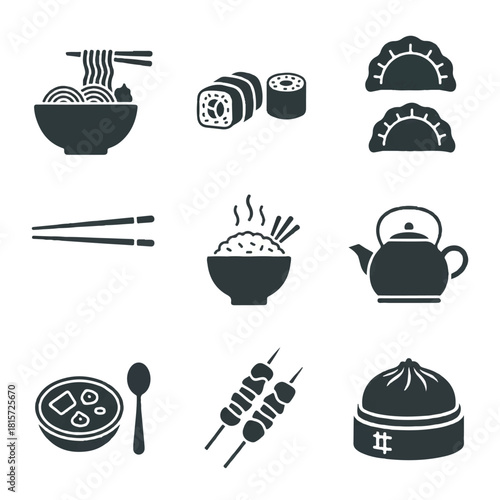 A collection of monochrome glyph icons representing Asian cuisine, including traditional food like noodles, sushi, and dim sum