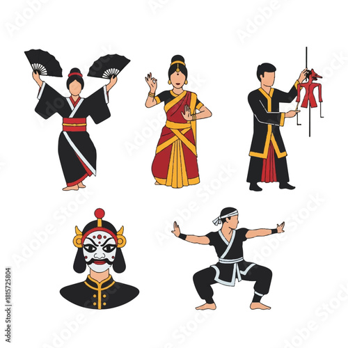 Diverse Asian cultural performances and traditional arts illustration set, featuring vibrant dancers, martial artists, puppetry, and theatrical characters in traditional costumes