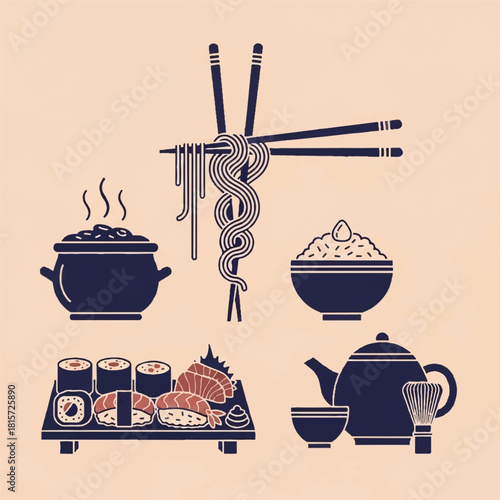 Icon set of traditional Japanese food and cuisine elements, including sushi, ramen noodles, rice, and tea ceremony service