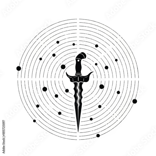 Ornate Ritual Dagger Vector Illustration within Abstract Dotted Concentric Circles and Scattered Elements, Symbolizing Focus, Power, and Mysticism