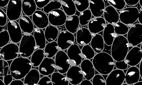 Monochrome Seamless Abstract Cellular Pattern, Dark Black Cells with Light Grey Outlines and White Internal Fragments, High-Contrast Microscopic Background Texture