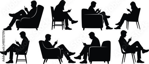 Silhouette, smartphone, seated, business, posture, technology, mobile, communication, modern, behavior, chair, profile, usage, casual, interaction, lifestyle, black, white, illustration, concept