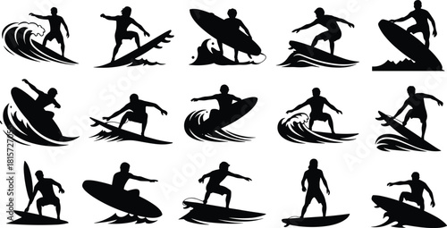 Silhouette, surfer, surfing, posture, gesture, wave, board, stance, trick, motion, sport, beach, black, white, illustration, concept, figure, athletic, activity, ocean, maneuver