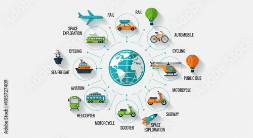 Global transport network with diverse vehicles and modes, connecting the world through aviation, rail, sea freight, and space exploration for modern travel