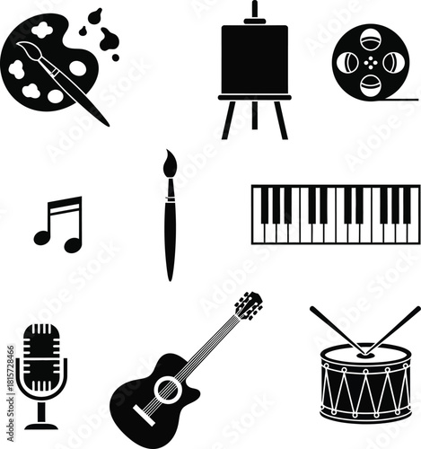 Collection of black silhouette icons representing various art and music elements
