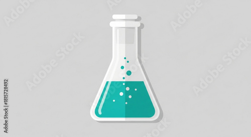 Modern laboratory glassware filled with vibrant liquid and floating bubbles, ideal for science education or pharmaceutical research presentations