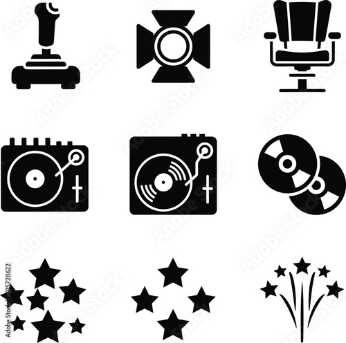 Collection of black silhouette icons including joystick, studio light, dj equipment, and stars